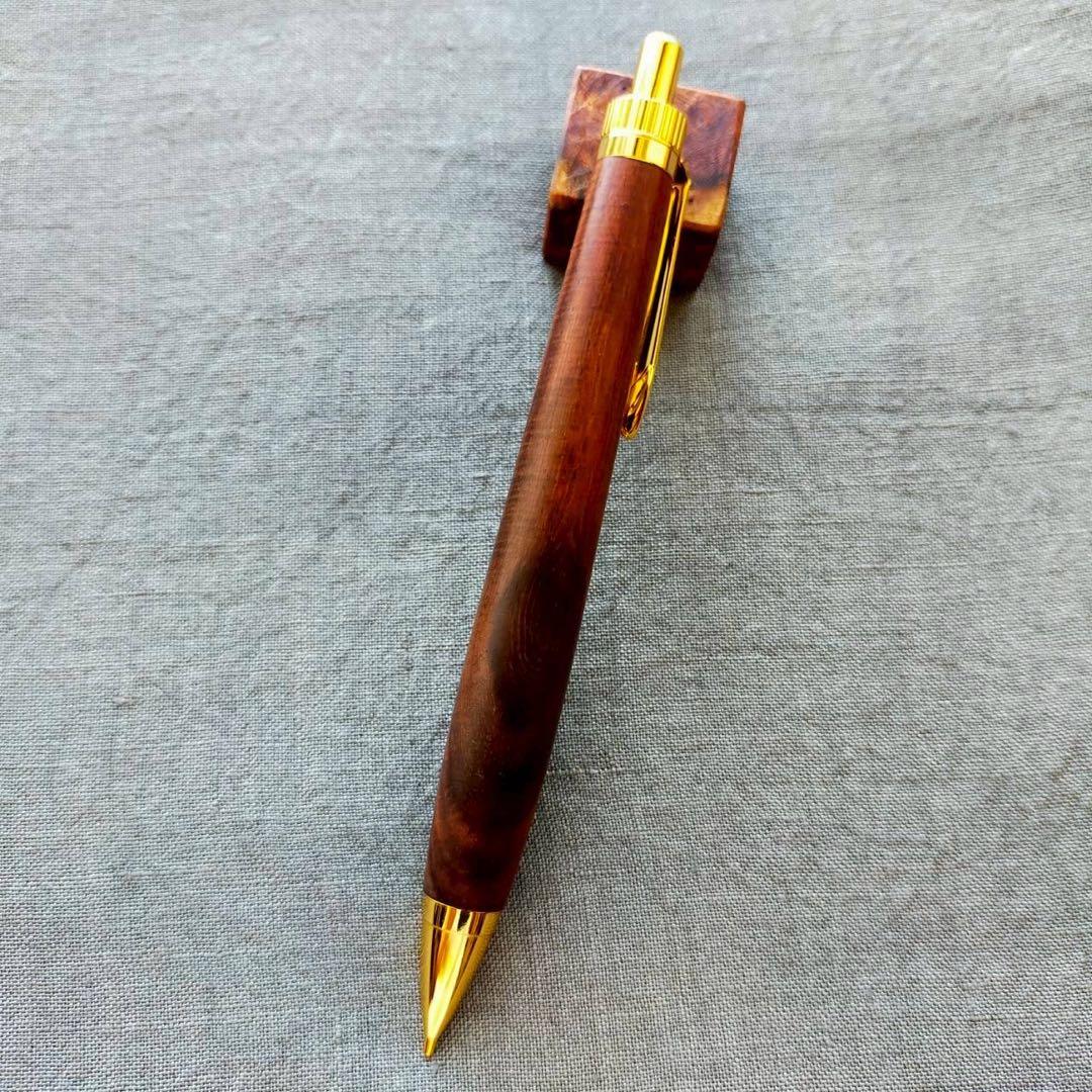 本紫檀　糸縮杢　ハンドメイド　木軸シャープペン　0.5mm　天然木　ゴールド
