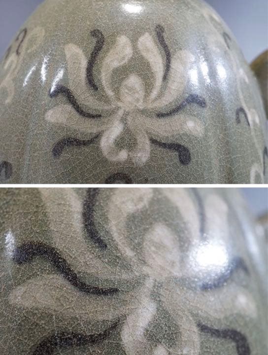 高麗12世紀盛期　高麗青磁白堆花文水注　　漆箱付　青磁草花文水次　朝鮮古陶磁