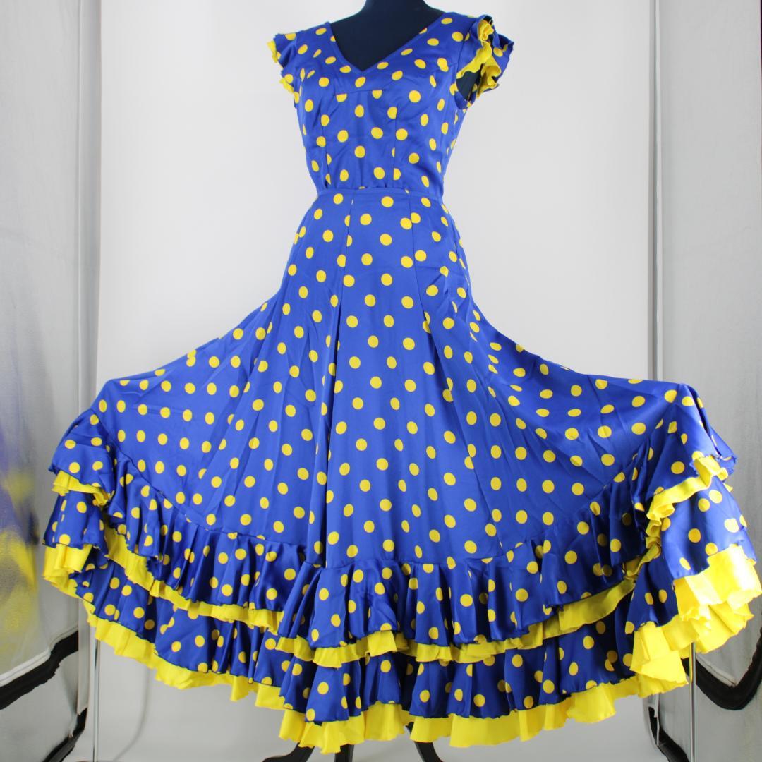 【フラメンコ衣装】ブルー×豪華ボランテ 上下セット ツーピース セットアップ 青