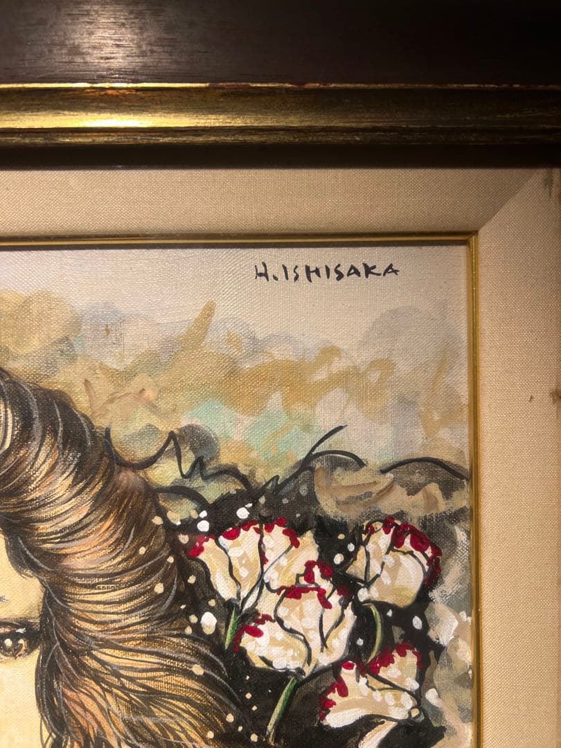 石阪春生　油彩画　シクラメンの花 『女の居る風景』