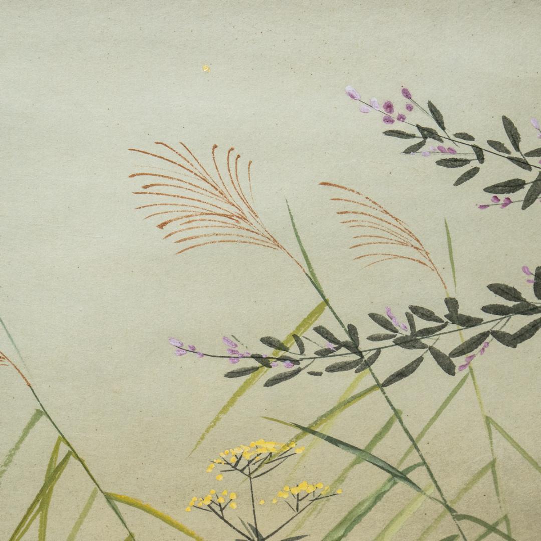 掛軸-1509　田中松泉　秋草　共箱　金箔散し