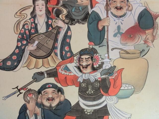 掛軸■七福神「崋山作」絹本 掛け軸 布袋様 大黒様 肉筆 古美術 骨董品■⑧