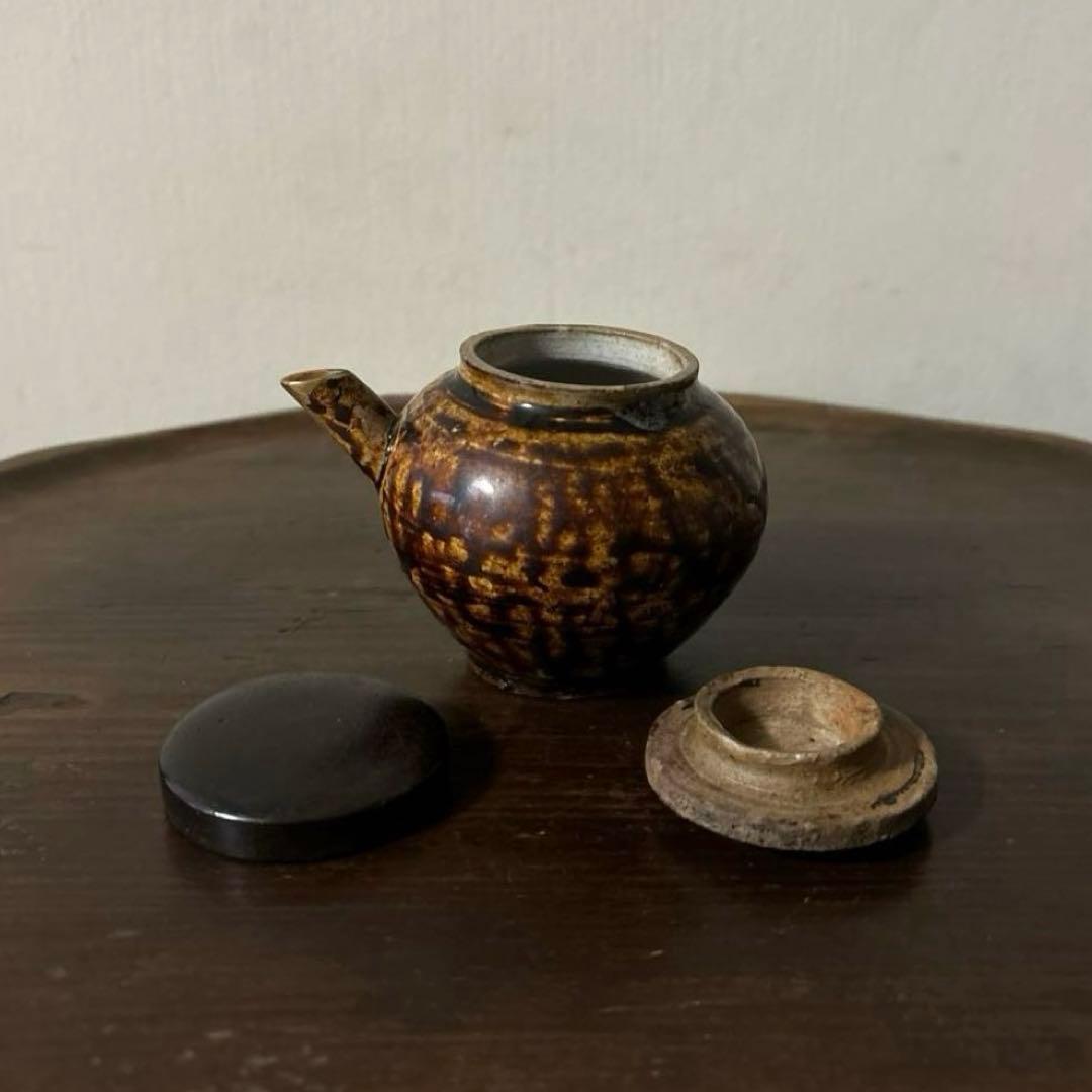 李朝飴釉薬蓋つき注ぎ口　酒器　煎茶　花入　アンティーク　古美術　骨董　　古美術