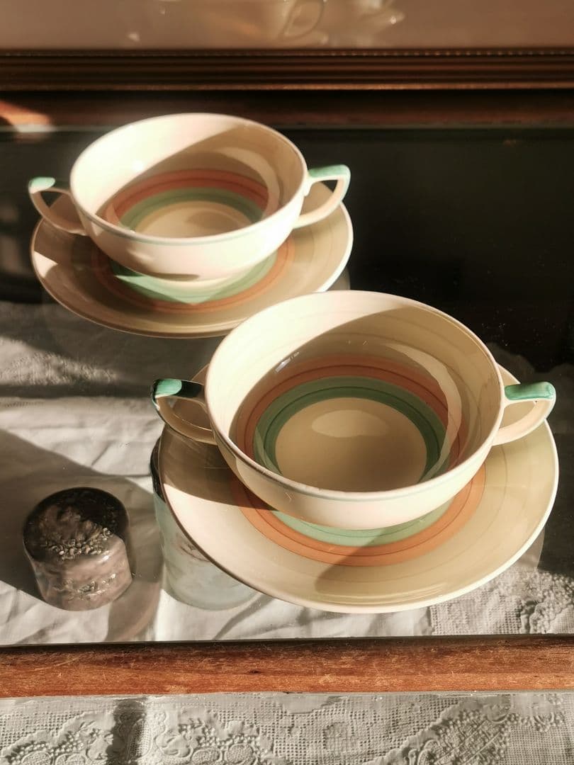 アンティーク スージークーパー スープカップ２客 ウェディングリング ピンク＆緑