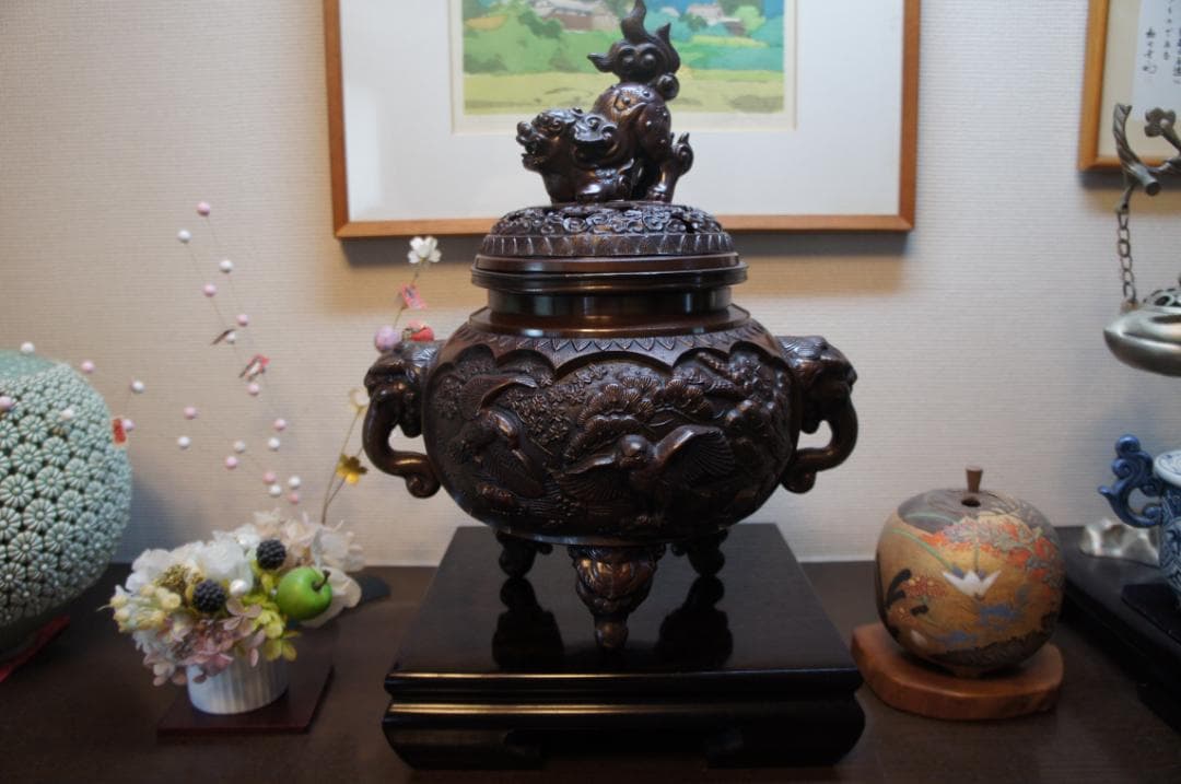 ★美品 高岡銅器 瑞峰作 新特大 花鳥 高級銅製香炉工芸作家造 送料込み