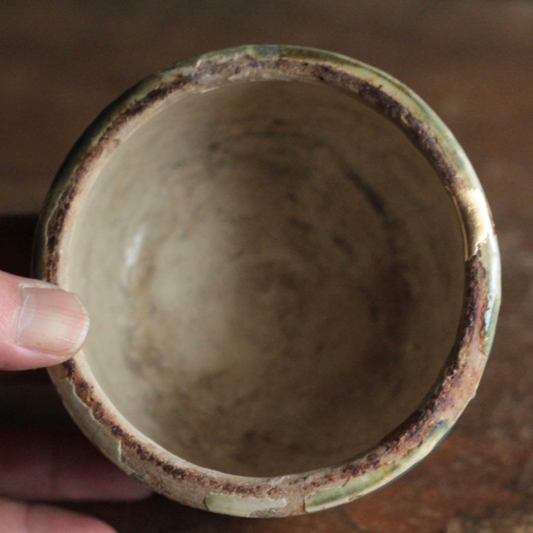 壺屋焼 緑掛け飴釉 火入 筒茶碗 古道具 アンティーク