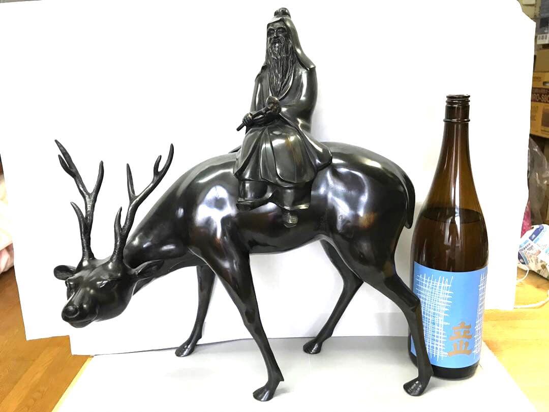 銅器:鹿乗寿老人置物