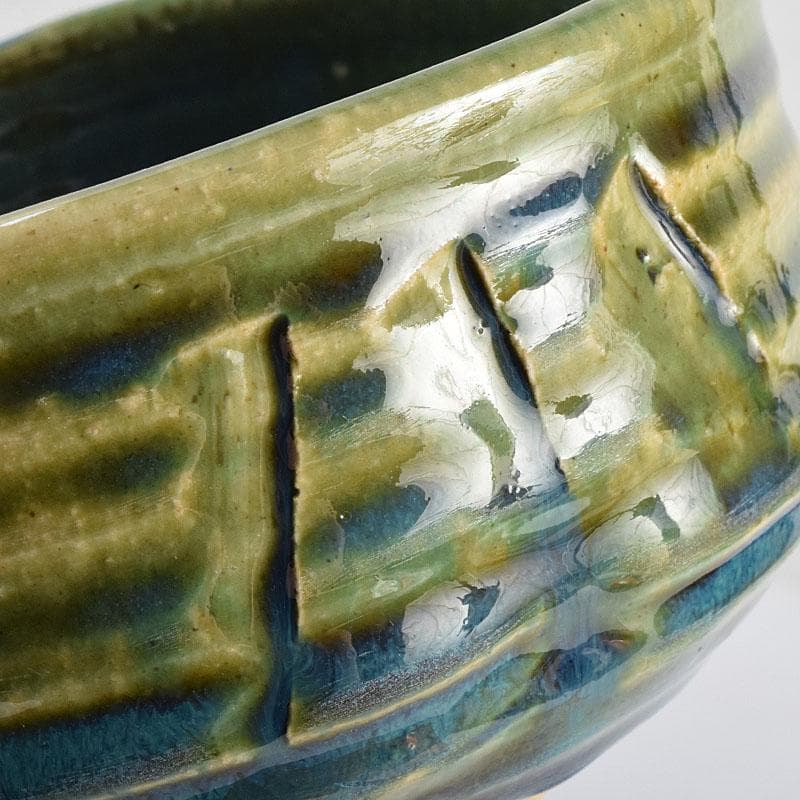 北大路魯山人作　織部焼　青織部　茶碗　銘「望雲」　清水公照極め箱　M　R9531