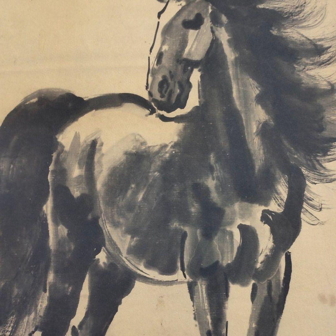 徐悲鴻《立馬図》中堂掛軸　168×65 証書付 装裱済み 鑑賞用複製 装飾画