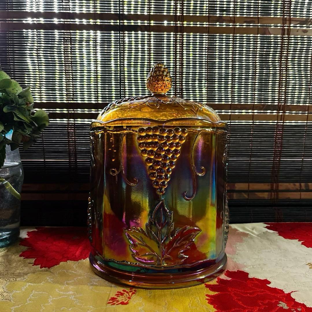 骨董　レトロプレス　カーニバルグラス　アンバー　ラスター彩葡萄模様　キャニスター