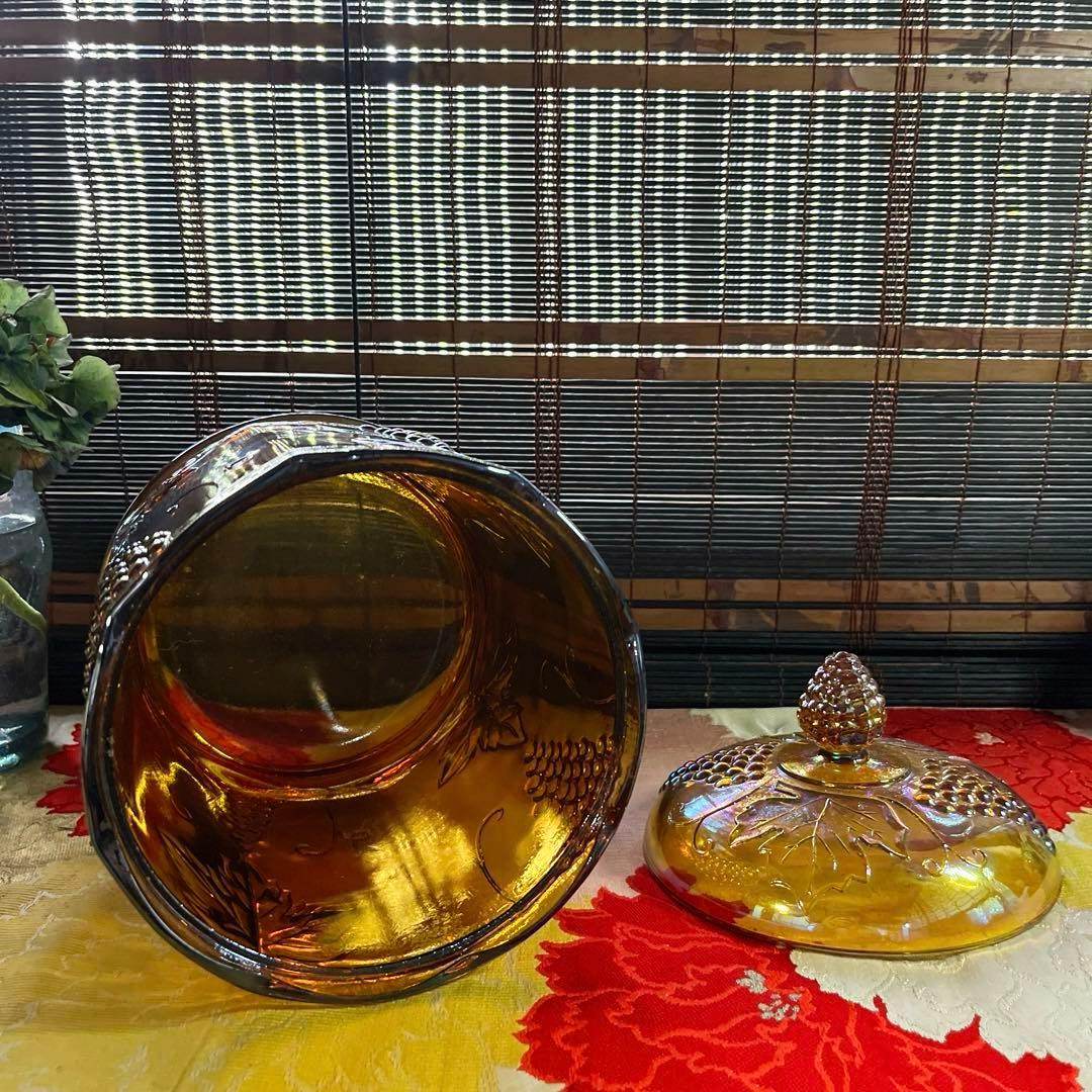 骨董　レトロプレス　カーニバルグラス　アンバー　ラスター彩葡萄模様　キャニスター