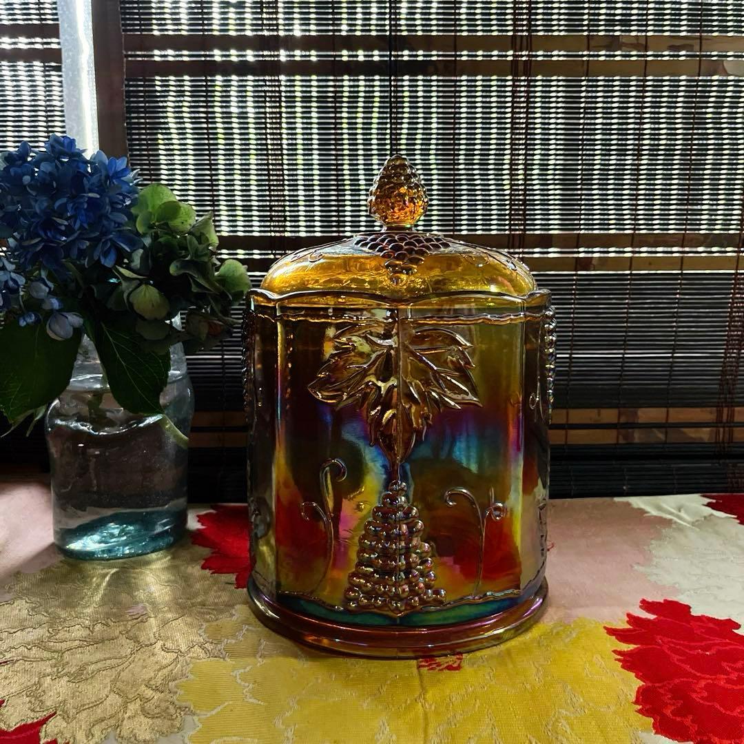 骨董　レトロプレス　カーニバルグラス　アンバー　ラスター彩葡萄模様　キャニスター