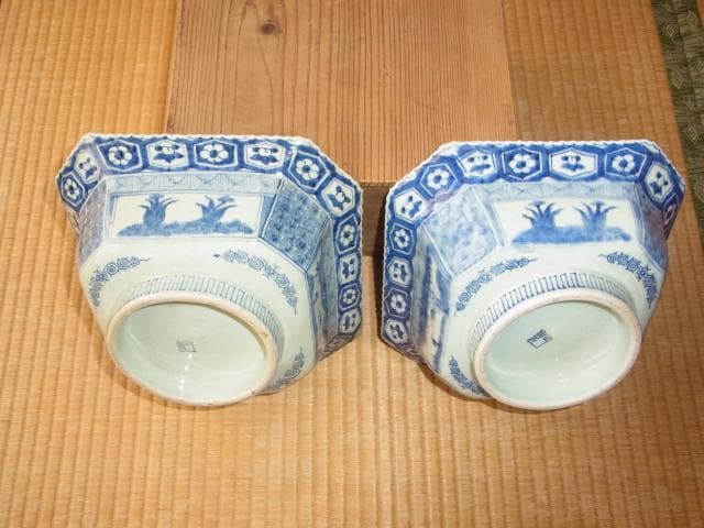 古伊万里 江戸末期 ◆肥前有田町黒牟田 梶原貞一窯 呉須手『角福紋』角深皿2客