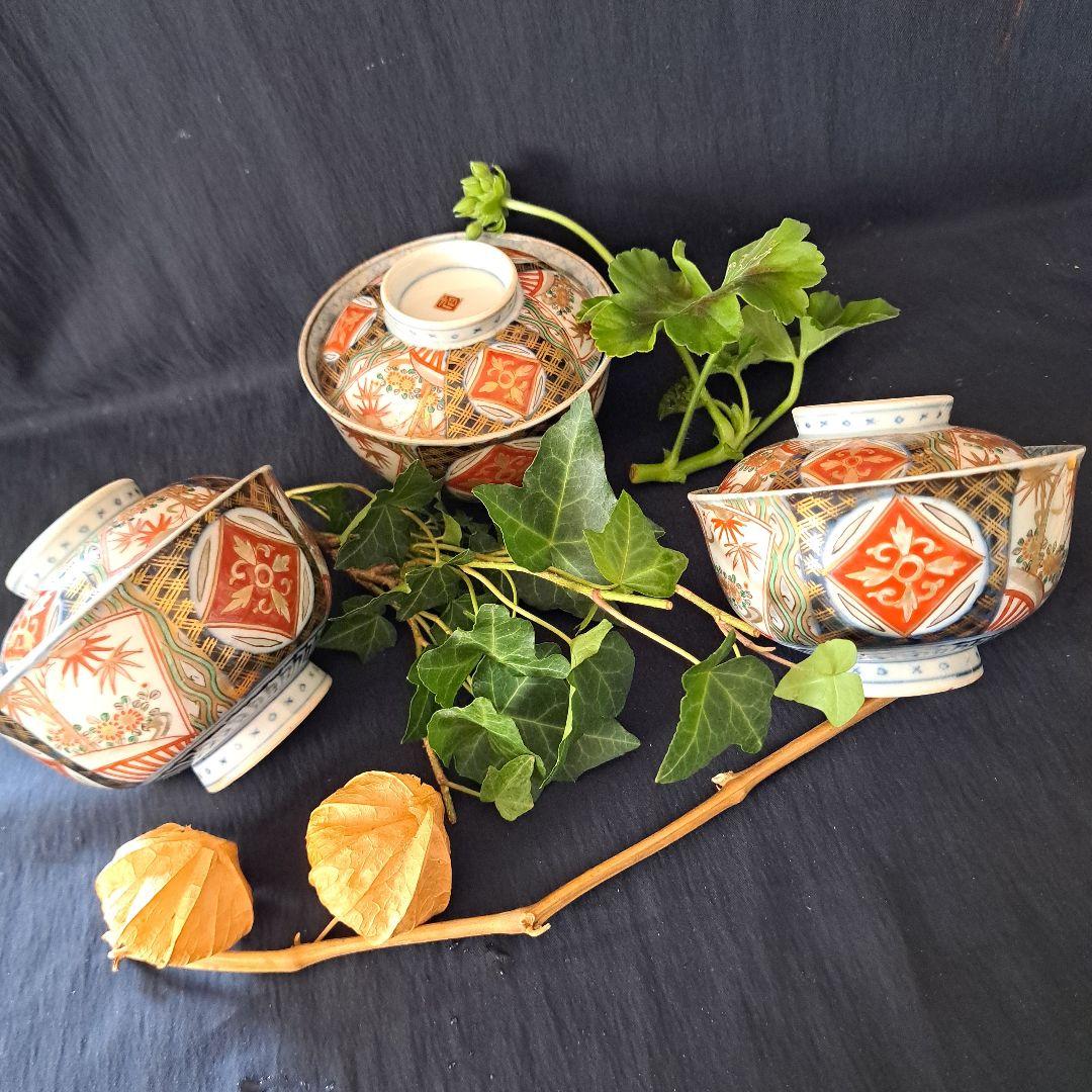 「蓋茶碗の色絵とフォルムを楽しむ！」 古伊万里茶碗(直径11.5cm)3客セット