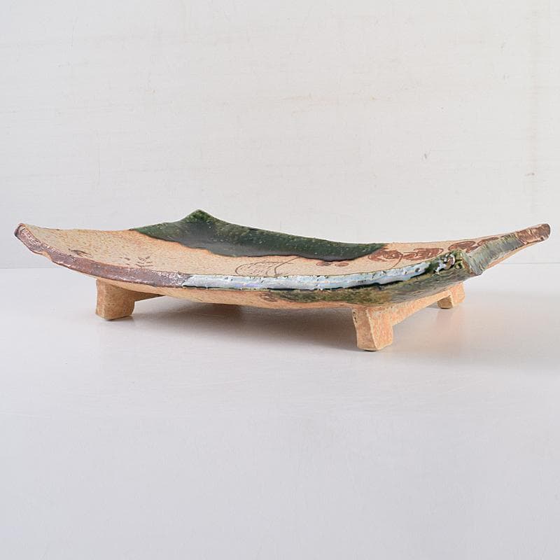 北大路魯山人作　織部焼　鳥絵　長四方皿　狙板　共布　極め箱　D　R7695B