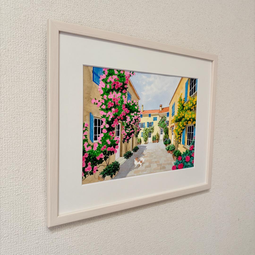 透明水彩画　原画　「花の咲く路地06」額縁付き　F4サイズ　風景画