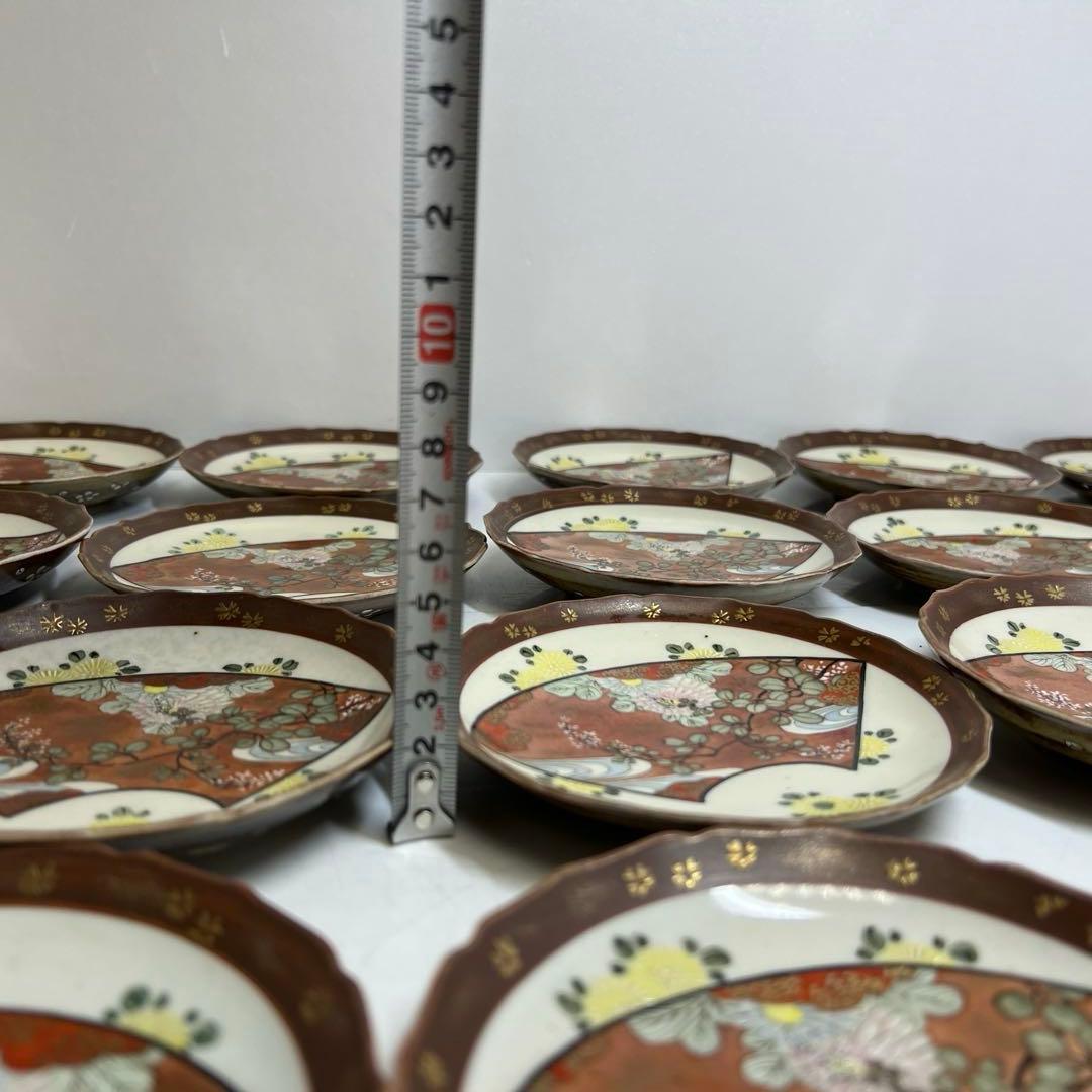 九谷焼　扇面画小皿　20枚　木箱付　直径12.5㎝　タトチ　東さ8-0124①