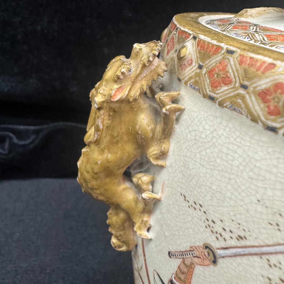 希少！薩摩焼 武将図 金彩香炉 獅子摘 古薩摩 箱付 名家旧蔵 明治時代 耳キズ