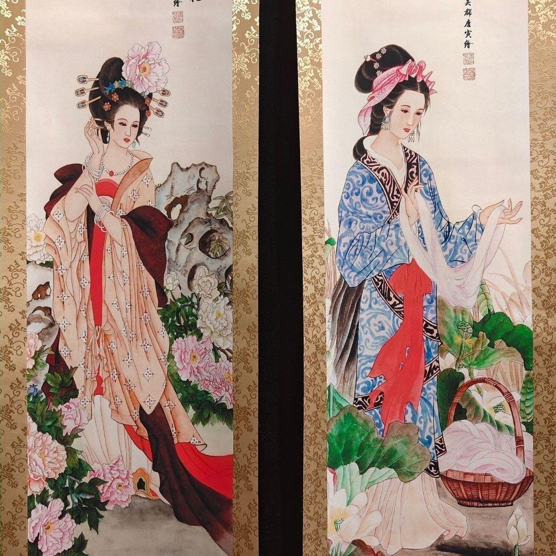 中国美術品・古代名家唐寅氏書画・水彩書画【四大美女】図・書画巨家・掛け軸・骨董