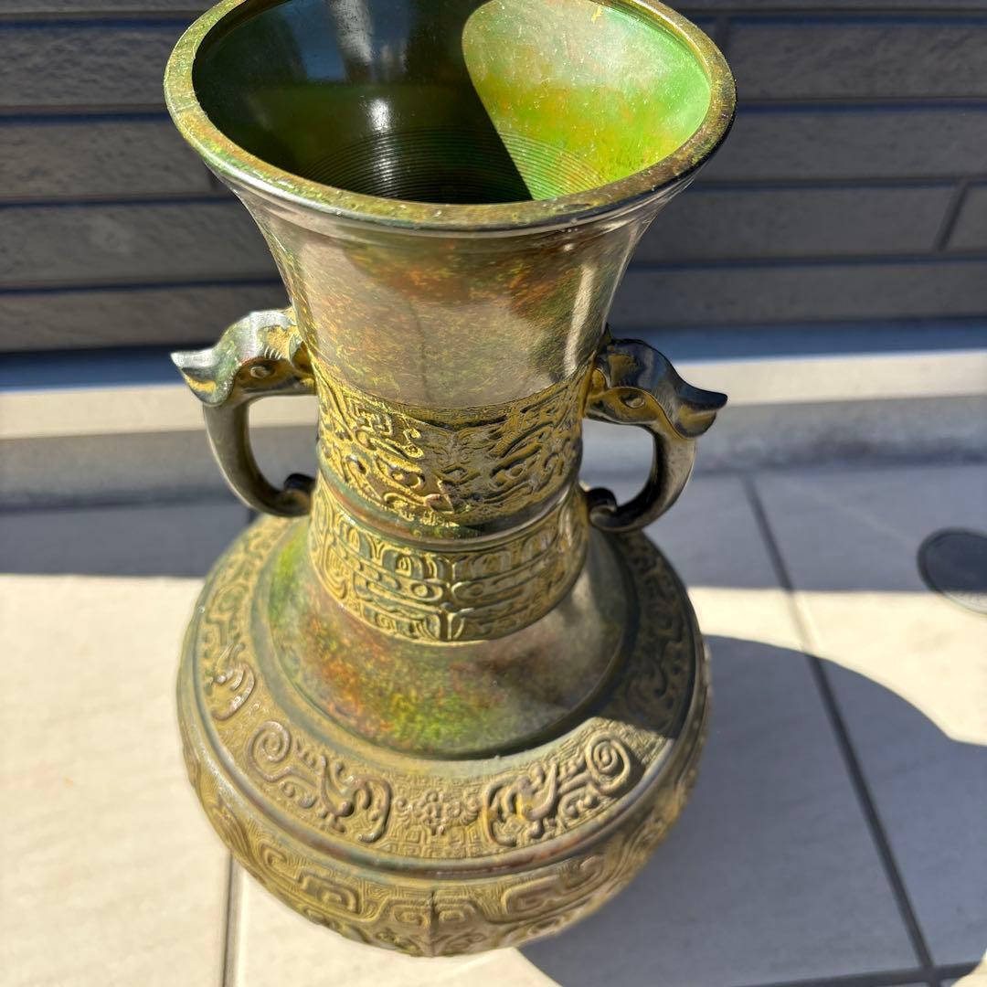 【閑】銅製 金工細工『饕餮文』花入 花瓶 飾り壺 龍双耳 在銘 / 花器 茶道具