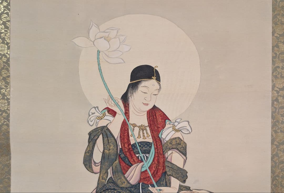 真作 武藤鶴城 文殊菩薩 着色絹本 仏画 掛軸 共箱 仏教美術