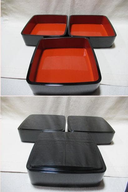 輪島塗　三段重箱　団扇に近江八景蒔絵　大雅堂　五郎造