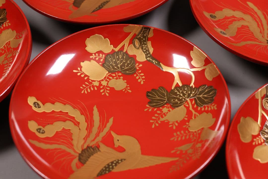 【MA776】時代木製漆器 桐鳳凰・菊 金蒔絵 朱塗 引盃 五客 木製漆器 小皿
