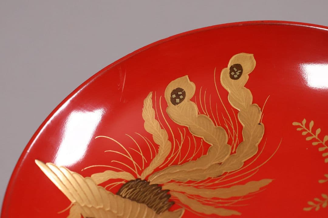 【MA776】時代木製漆器 桐鳳凰・菊 金蒔絵 朱塗 引盃 五客 木製漆器 小皿