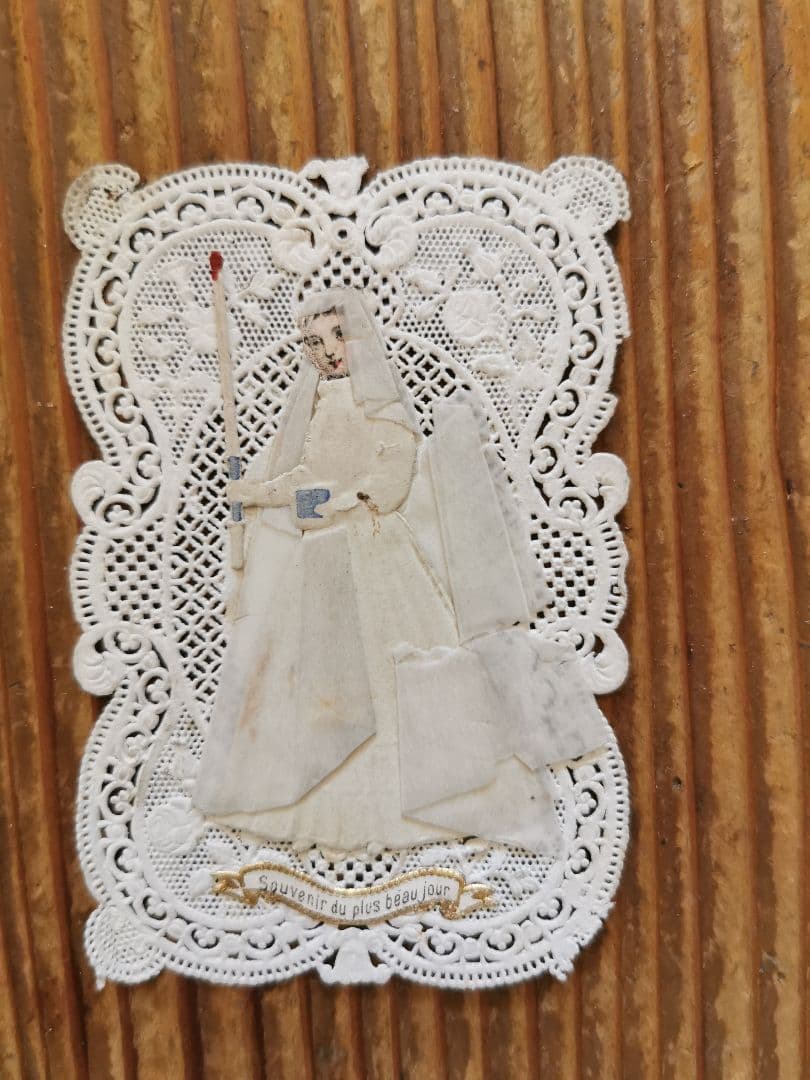 アンティーク ２枚ガラスフォトフレーム 花々の金属装飾 初聖体式&十字架カード