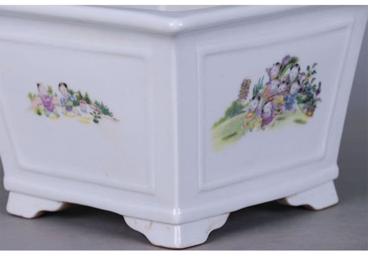 景徳鎮 粉彩四方童子図花鉢 多肉菖蒲盆栽 植木鉢 小品盆栽鉢 大品盆栽鉢