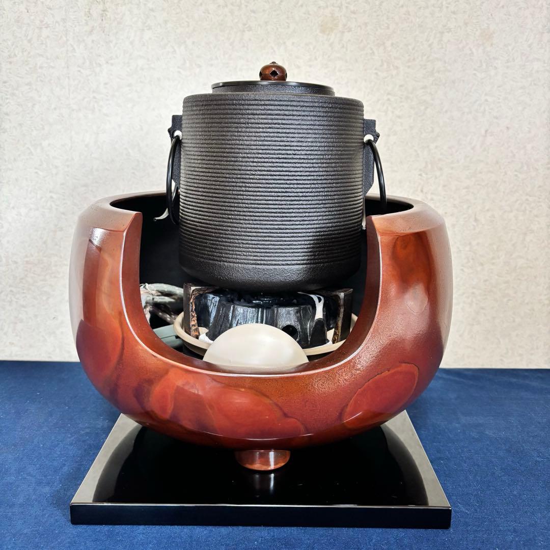 風炉 茶釜 電熱器 唐銅面取風炉 志きの釜 野々田製電熱器 敷板 底瓦 茶道具