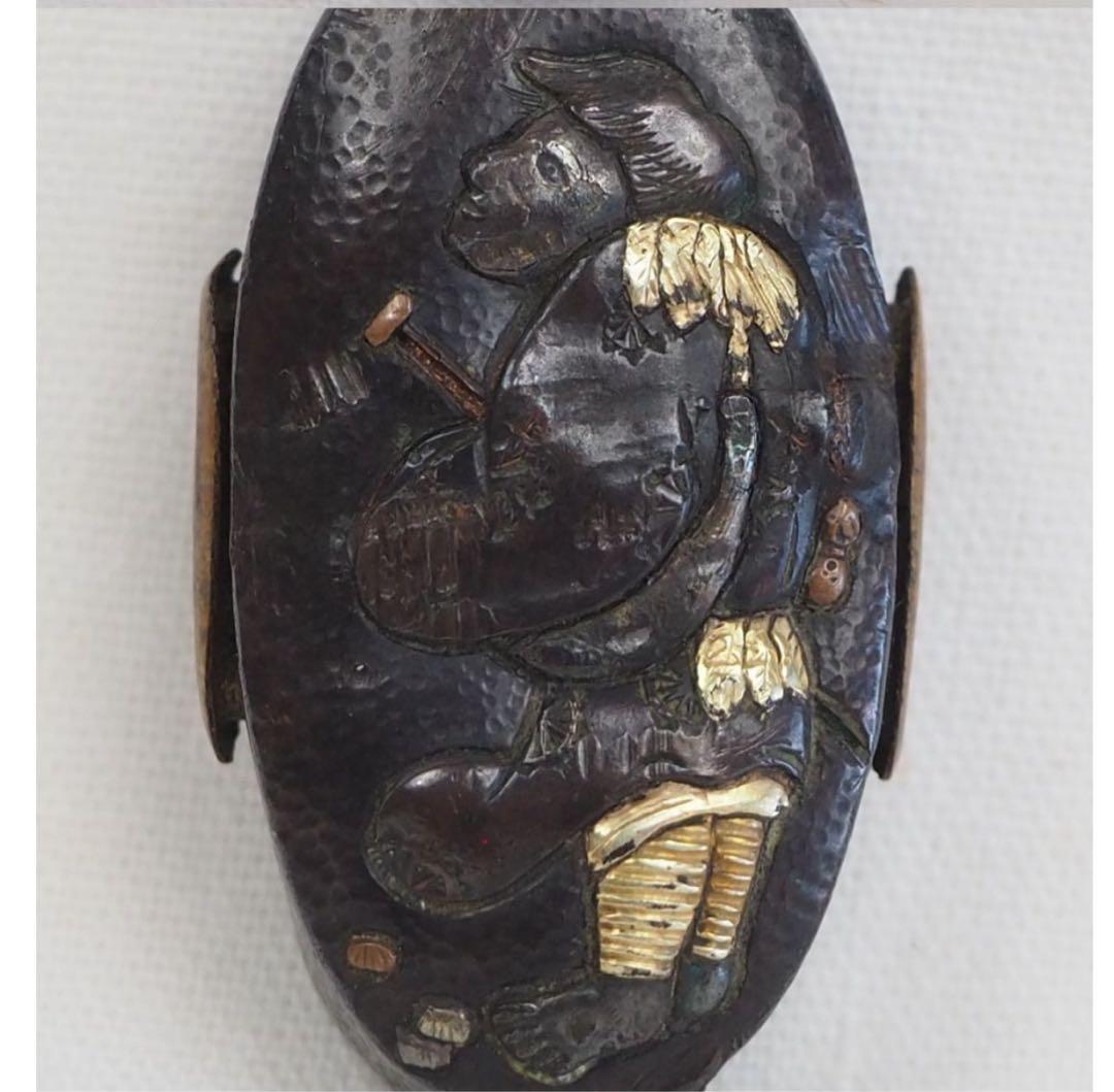 送料無料　江戸時代　金銀象嵌　縁頭　刀装具　木箱付　検/刀剣美術刀装具武具刀剣