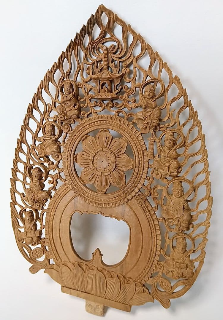 光背(3寸坐像用)#417透し彫 奏楽飛天 宝塔 ◆白檀 木彫 仏像付属品