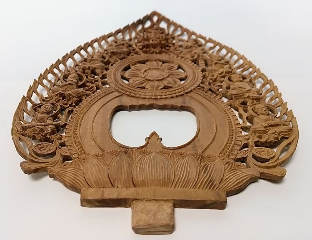 光背(3寸坐像用)#417透し彫 奏楽飛天 宝塔 ◆白檀 木彫 仏像付属品