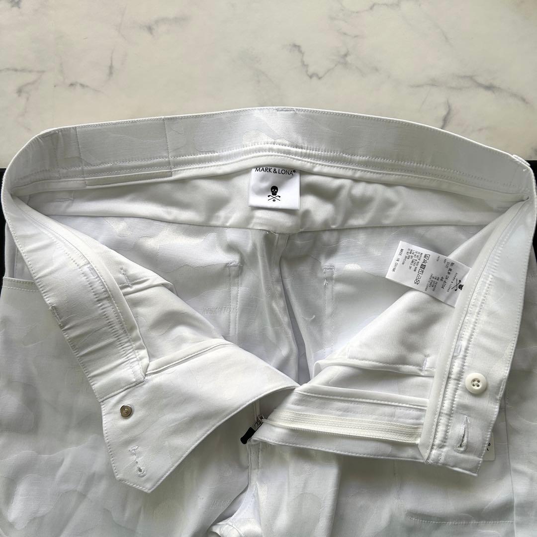 マークアンドロナ 2023年モデル 総柄 ジャカード パンツ レザーロゴ 白