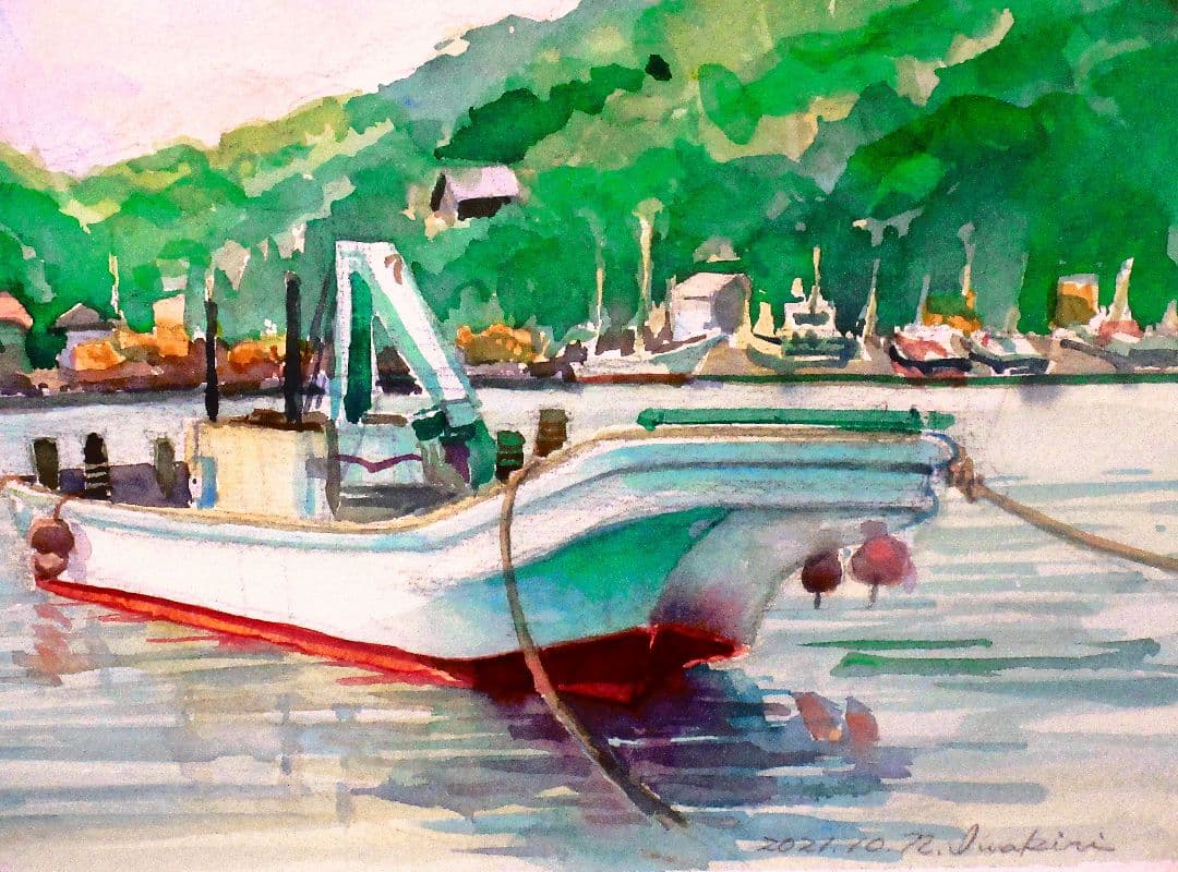 水彩画 金田漁港、額縁付き原画