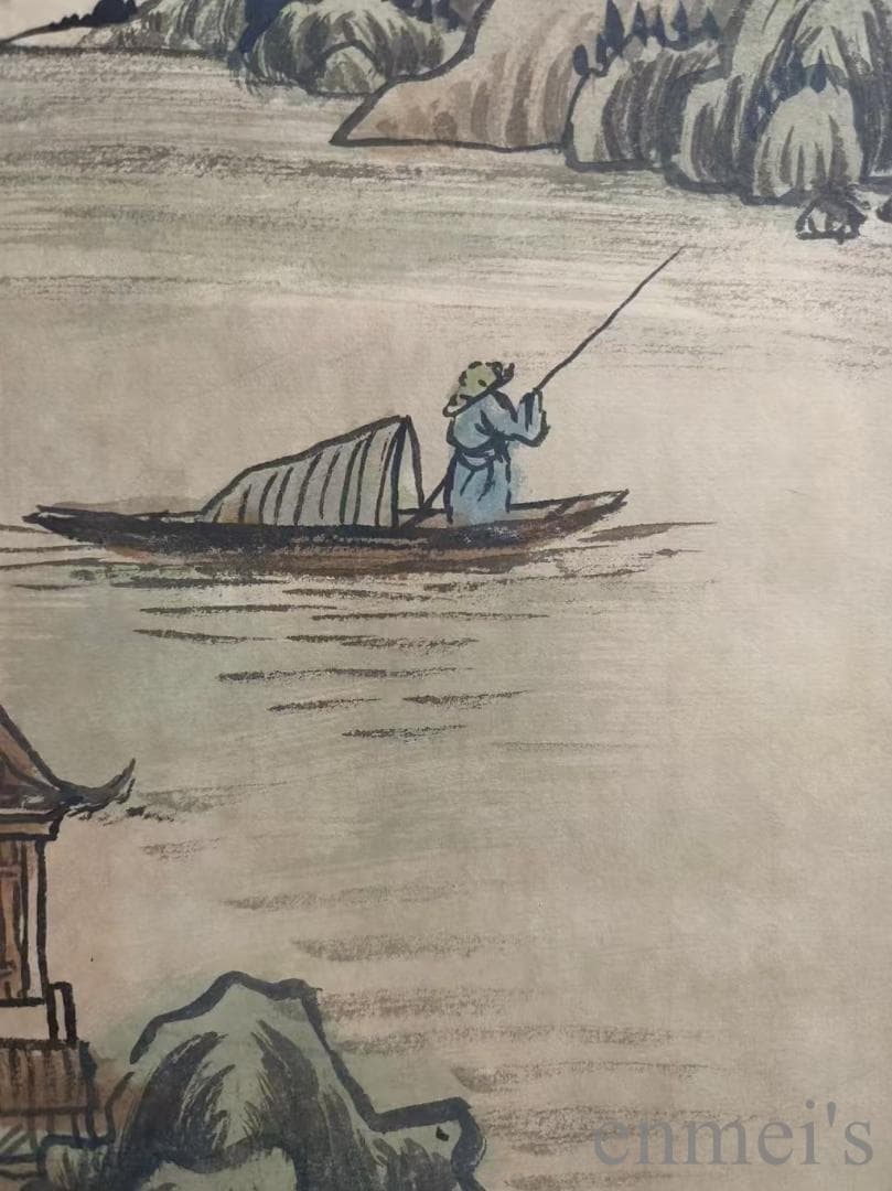 中国古美術.明時代.文徴明款.山水図.宣紙.三尺.肉筆.掛け軸.在銘.文房置物