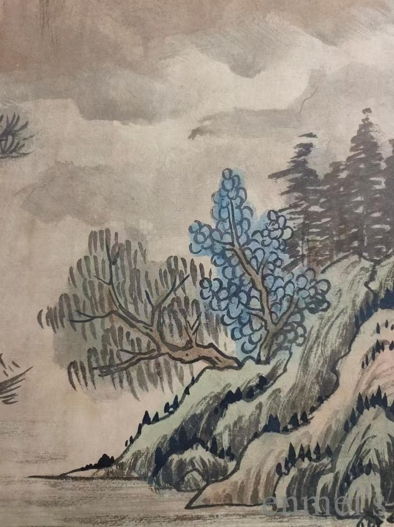 中国古美術.明時代.文徴明款.山水図.宣紙.三尺.肉筆.掛け軸.在銘.文房置物