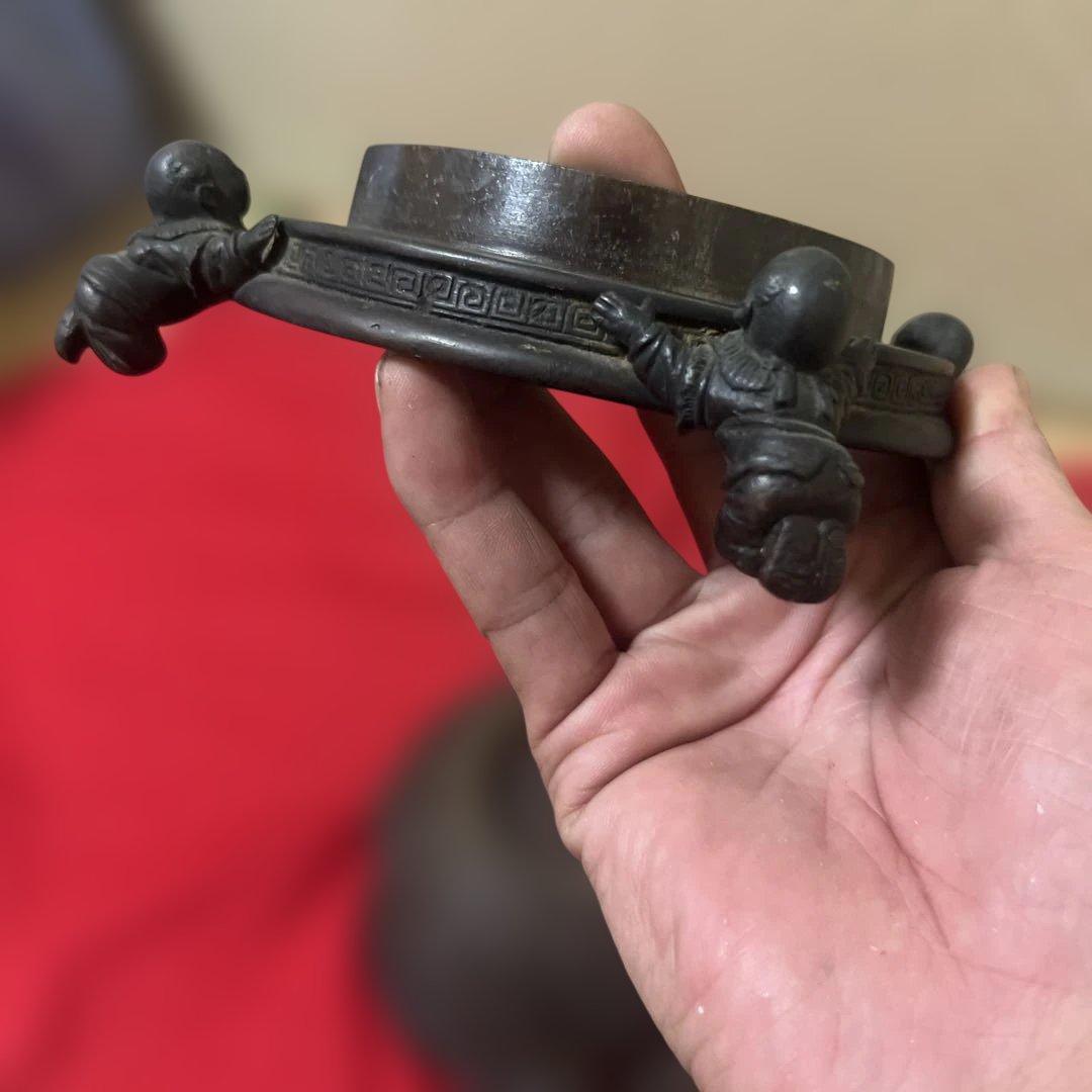 古美術　骨董品　茶道具　古銅花器　竹編紋　在銘　唐子足