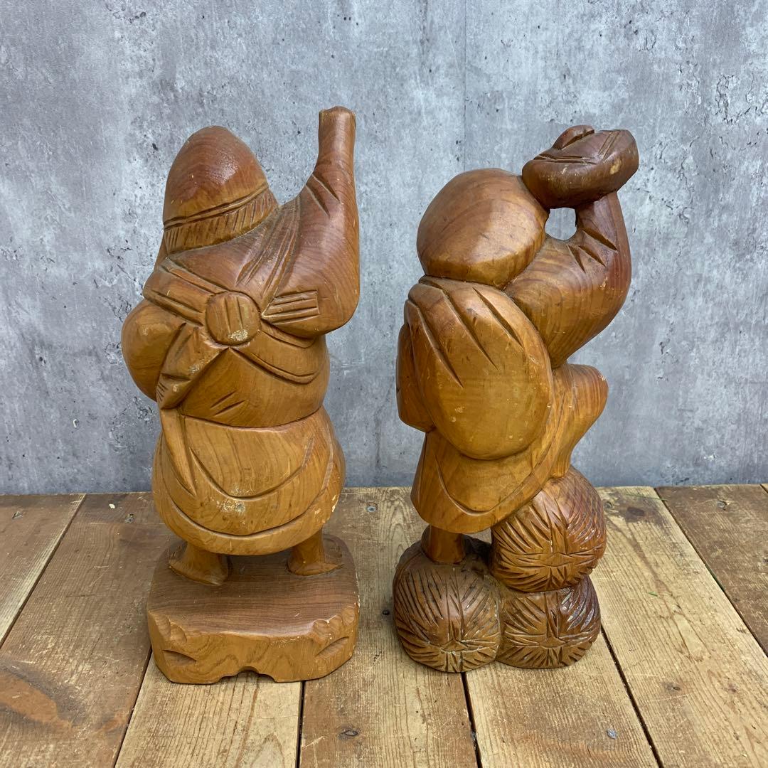 4F 【縁起物】木彫り 恵比寿 大黒天 2体セット 彫刻 置物