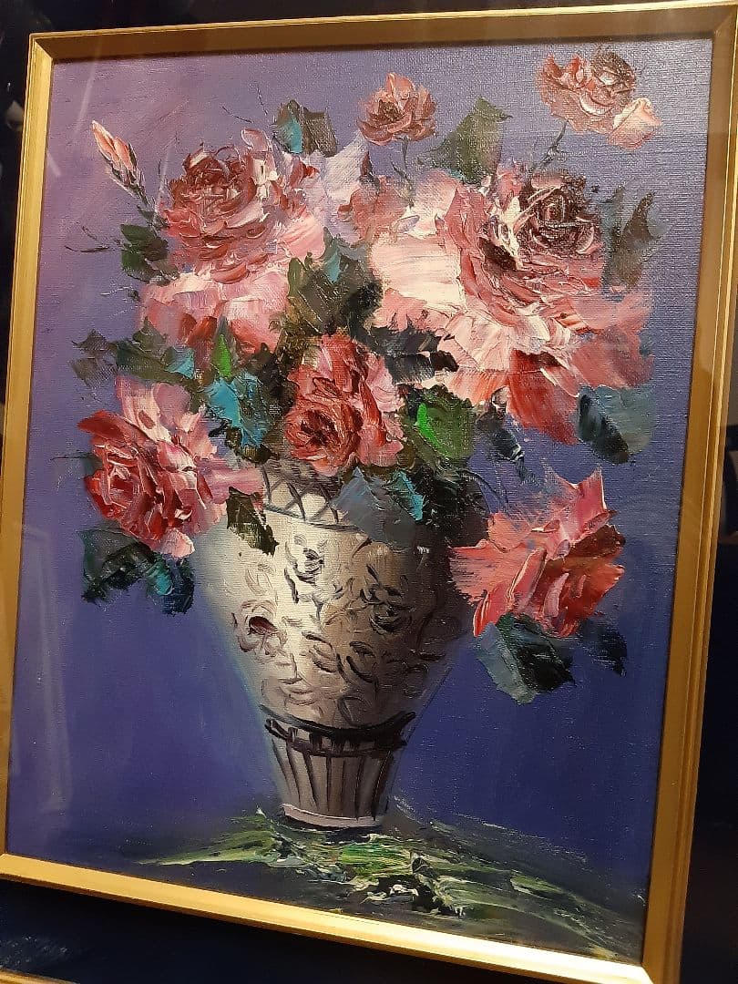 バラ 薔薇 花束 油彩画 金色フレーム 油絵　作者不明　花瓶