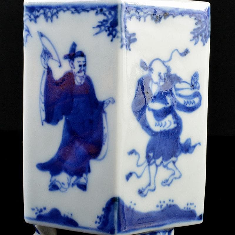 九谷焼　古九谷　染付　山水人物文　六角香炉　時代箱付　V　R5819