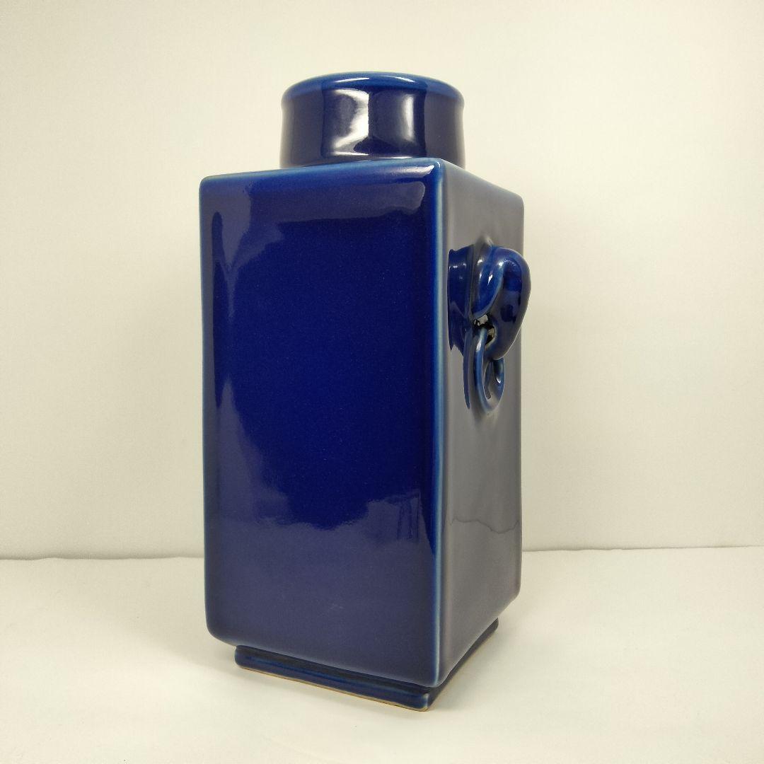 x130 中国 清代 藍釉 象耳方形瓶 角花瓶 高さ25.5cm