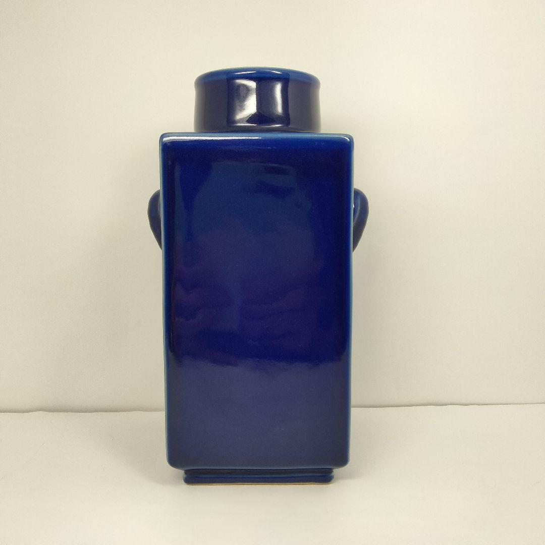 x130 中国 清代 藍釉 象耳方形瓶 角花瓶 高さ25.5cm