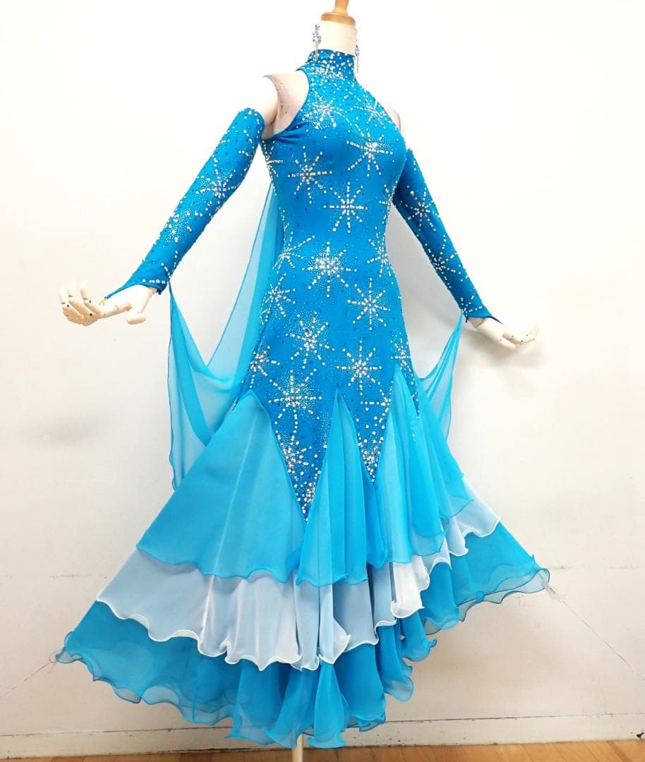 Y5434【白樺ドレス】M★水色/スワロフスキー/スタンダード☆社交ダンス