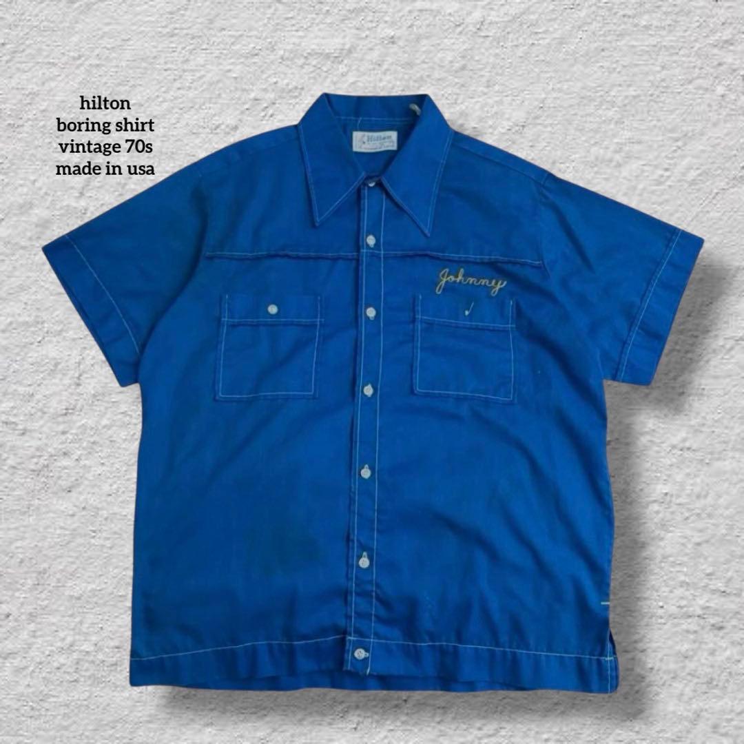 ヒルトンボーリングシャツ70s刺繍USA製チェーンステッチvintage古着