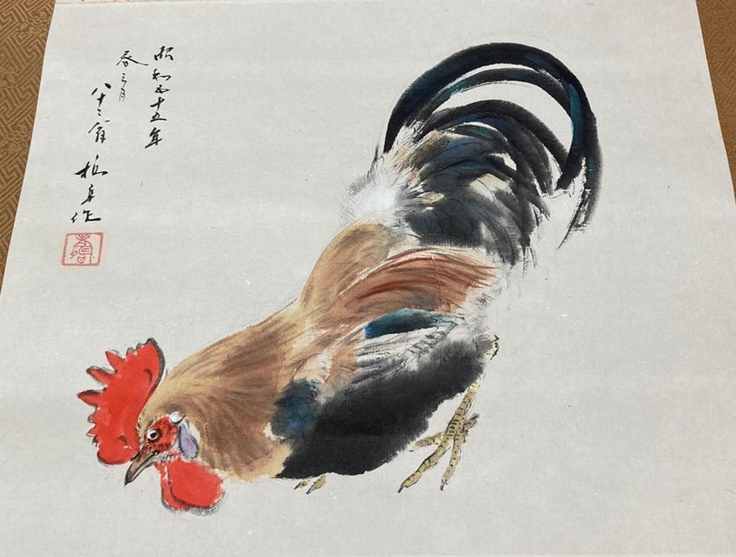 掛軸 安藤栖阜『鶏 にわとり』日本画 紙本 肉筆 共箱付 掛け軸 No.974