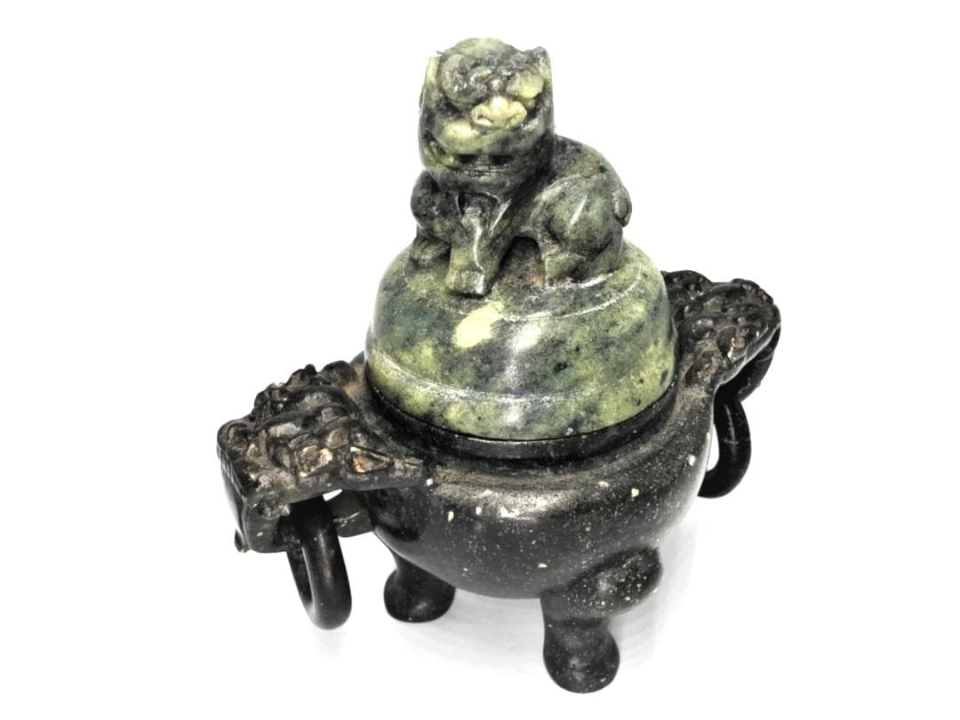 【 三つ足蝋石香炉 】　避邪双耳獅子蓋　中華古玩　蝋石彫刻