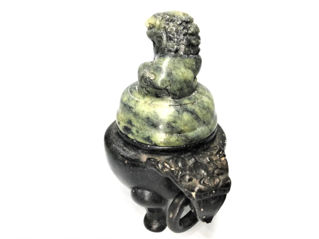 【 三つ足蝋石香炉 】　避邪双耳獅子蓋　中華古玩　蝋石彫刻