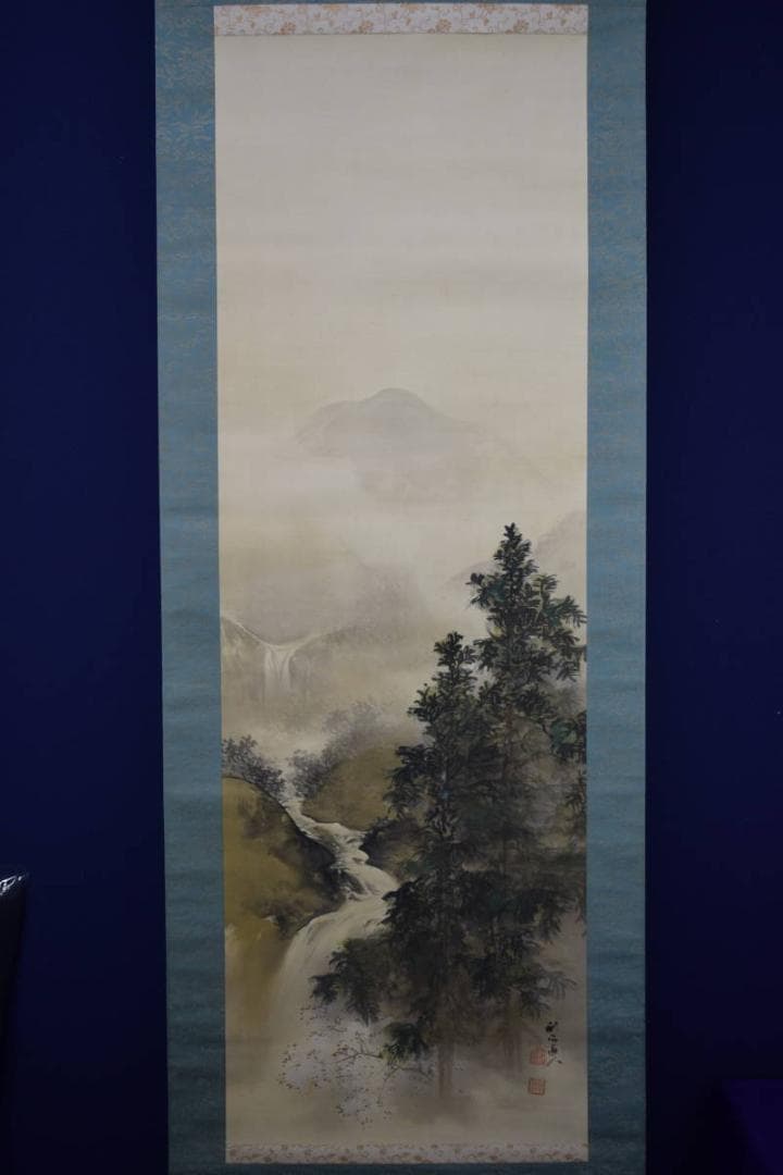 真作/奥谷秋石/春景山水図/桐共箱二重箱/布袋屋掛軸HF-792